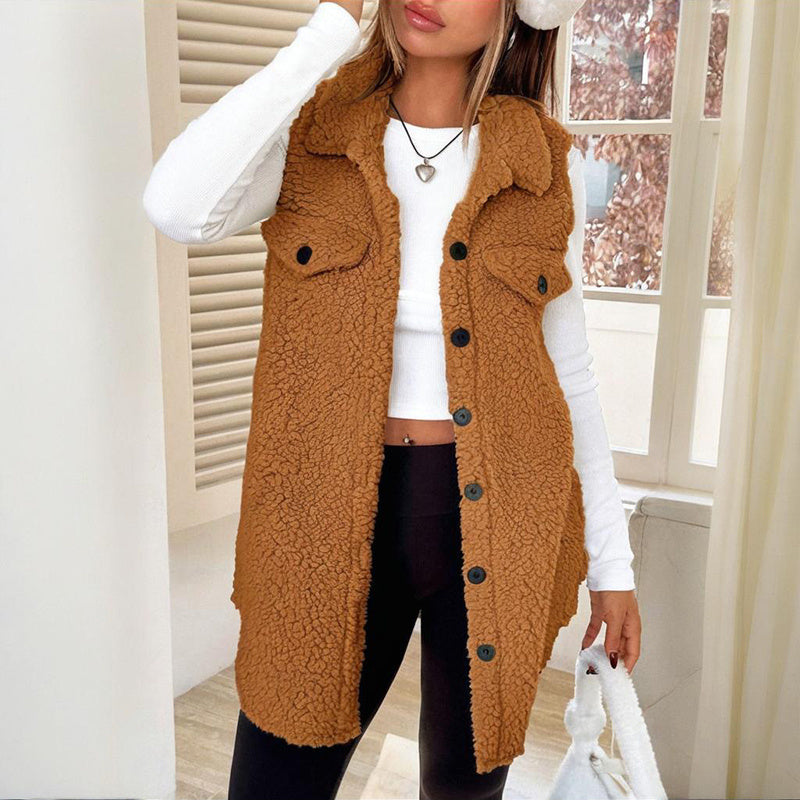 Wool-Like Sleeveless Vest with Lapel FitiqueFit