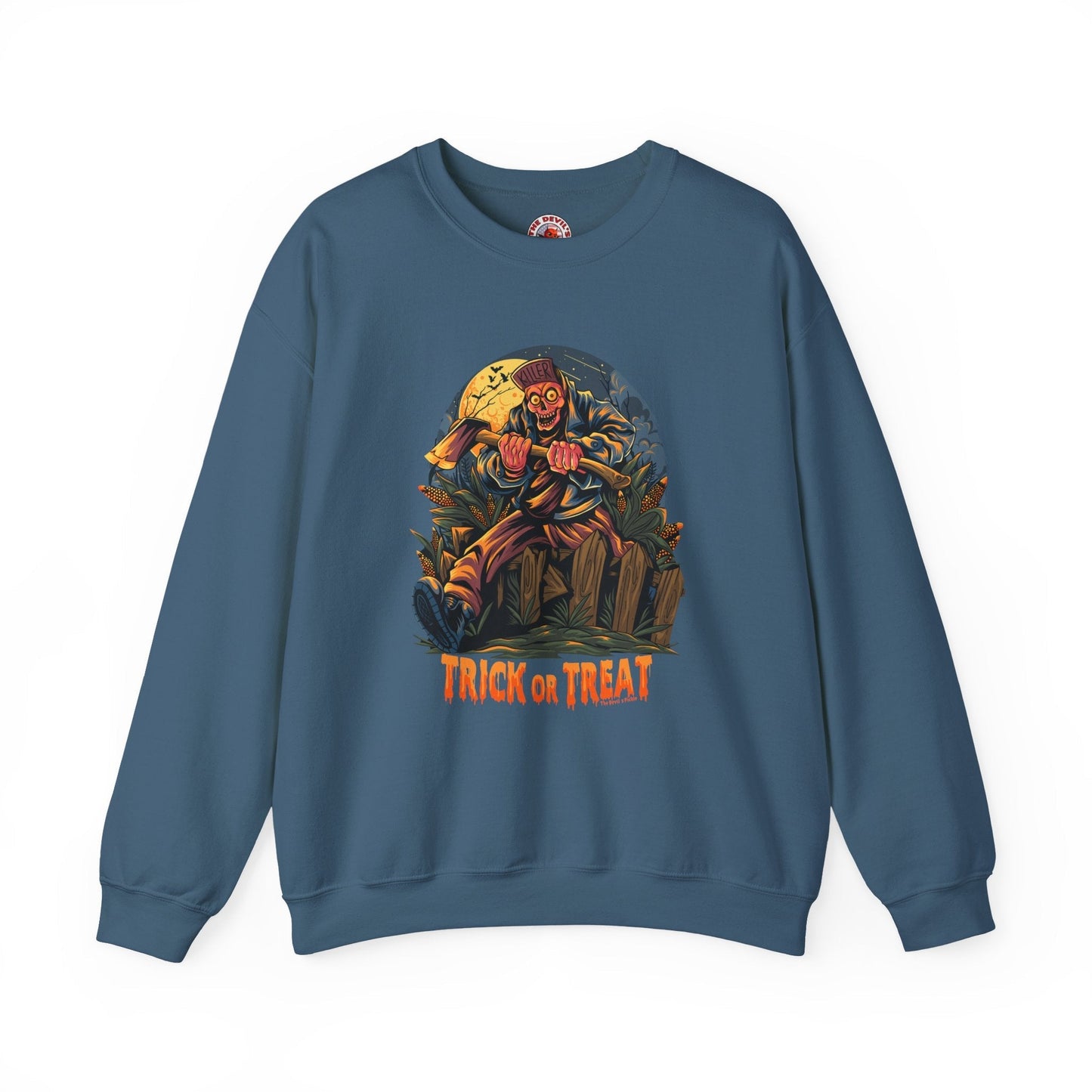 Axe Wielding Zombie Trick or Treat Crewneck Sweatshirt The Devil's Pickle