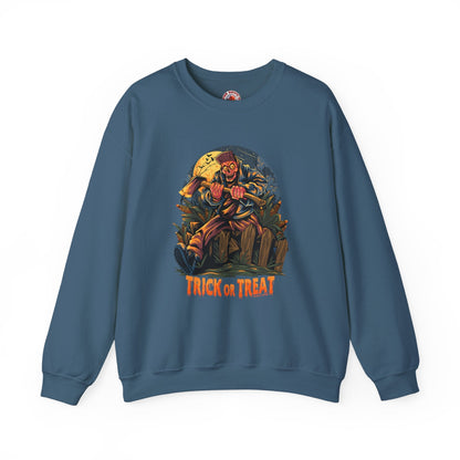 Axe Wielding Zombie Trick or Treat Crewneck Sweatshirt The Devil's Pickle