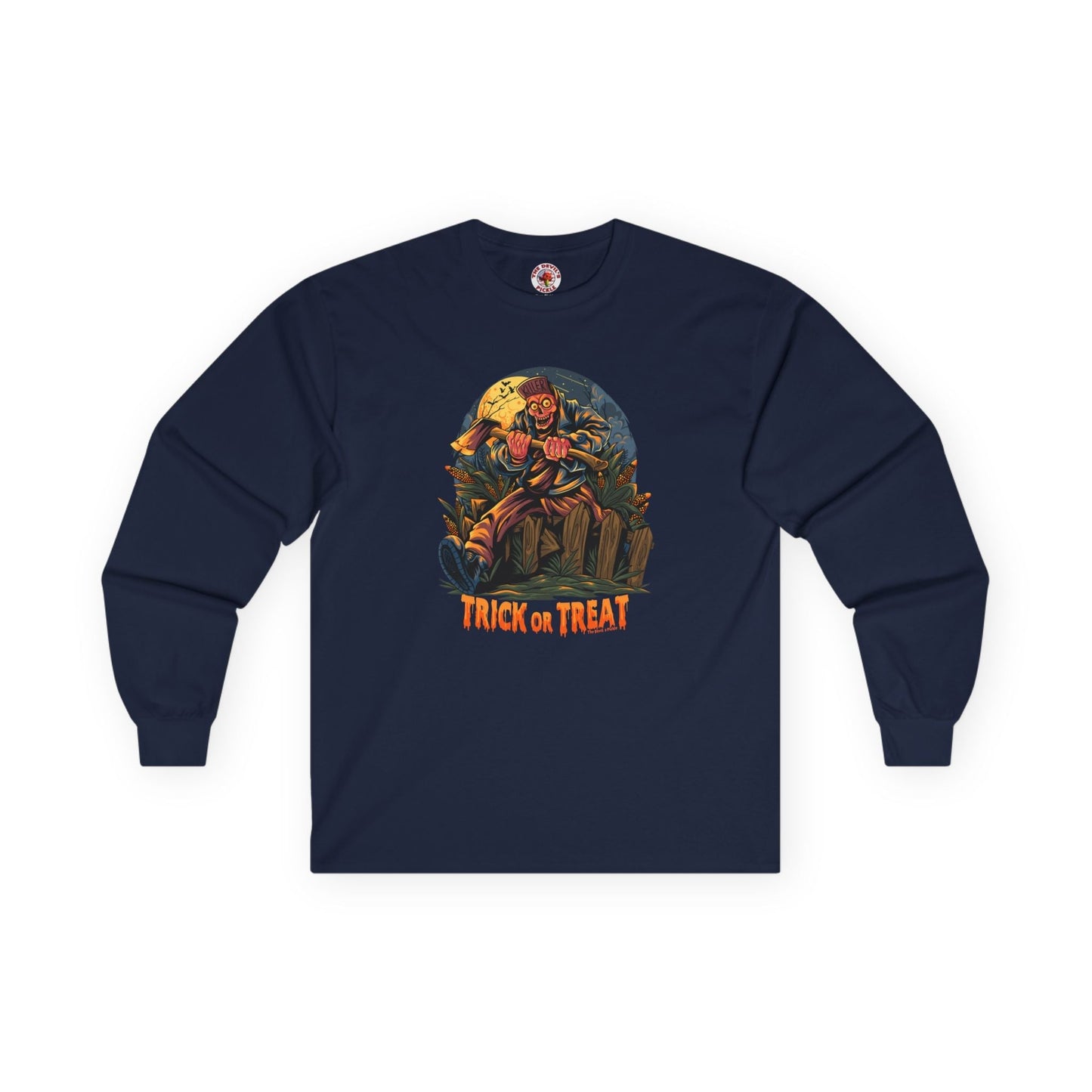 Axe Wielding Zombie Trick or Treat Long Sleeve Tee The Devil's Pickle