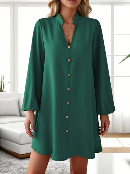 Women's V-Neck Long Sleeve Single-Breasted A-Line Dress FitiqueFit
