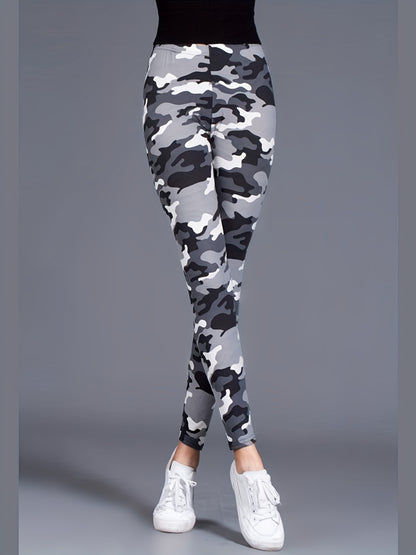 Camouflage Gray-Green Women's Casual Leggings, Cropped Length NovaCart