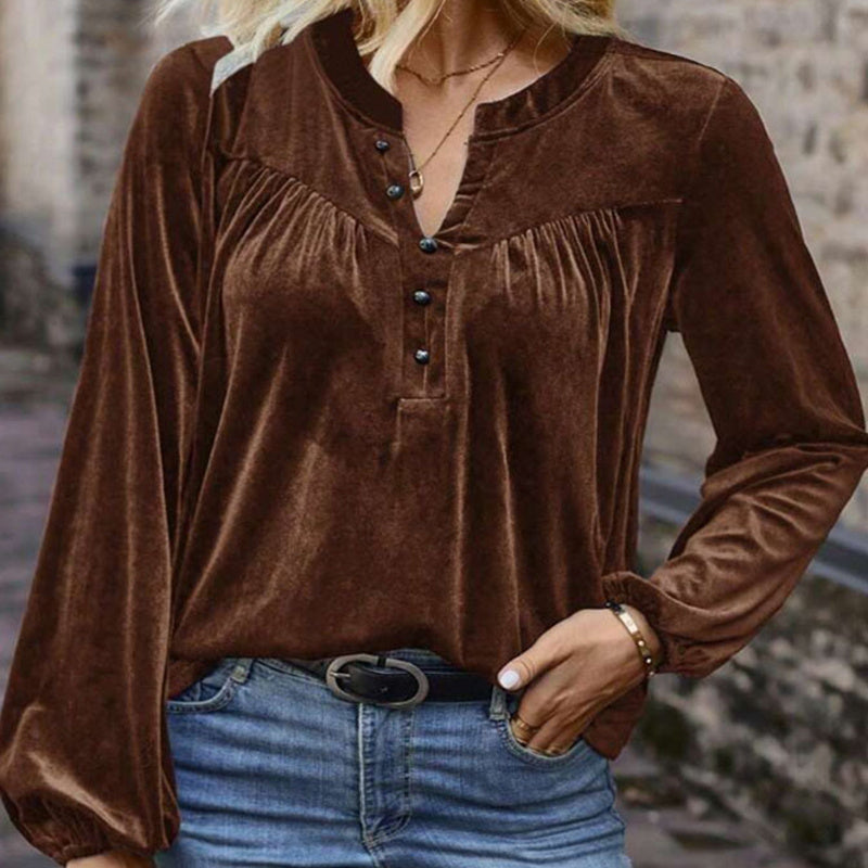 Women's Solid Color V-Neck Button Detail Long Sleeve Pullover FitiqueFit