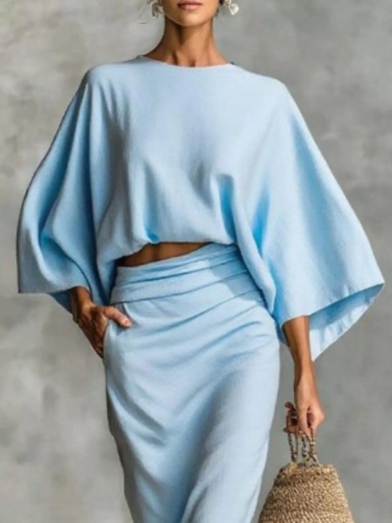 Full Size Kimono Sleeve Top and Ruched Skirt Set Plus Size See size chart under “more details” The Fashion Celestial