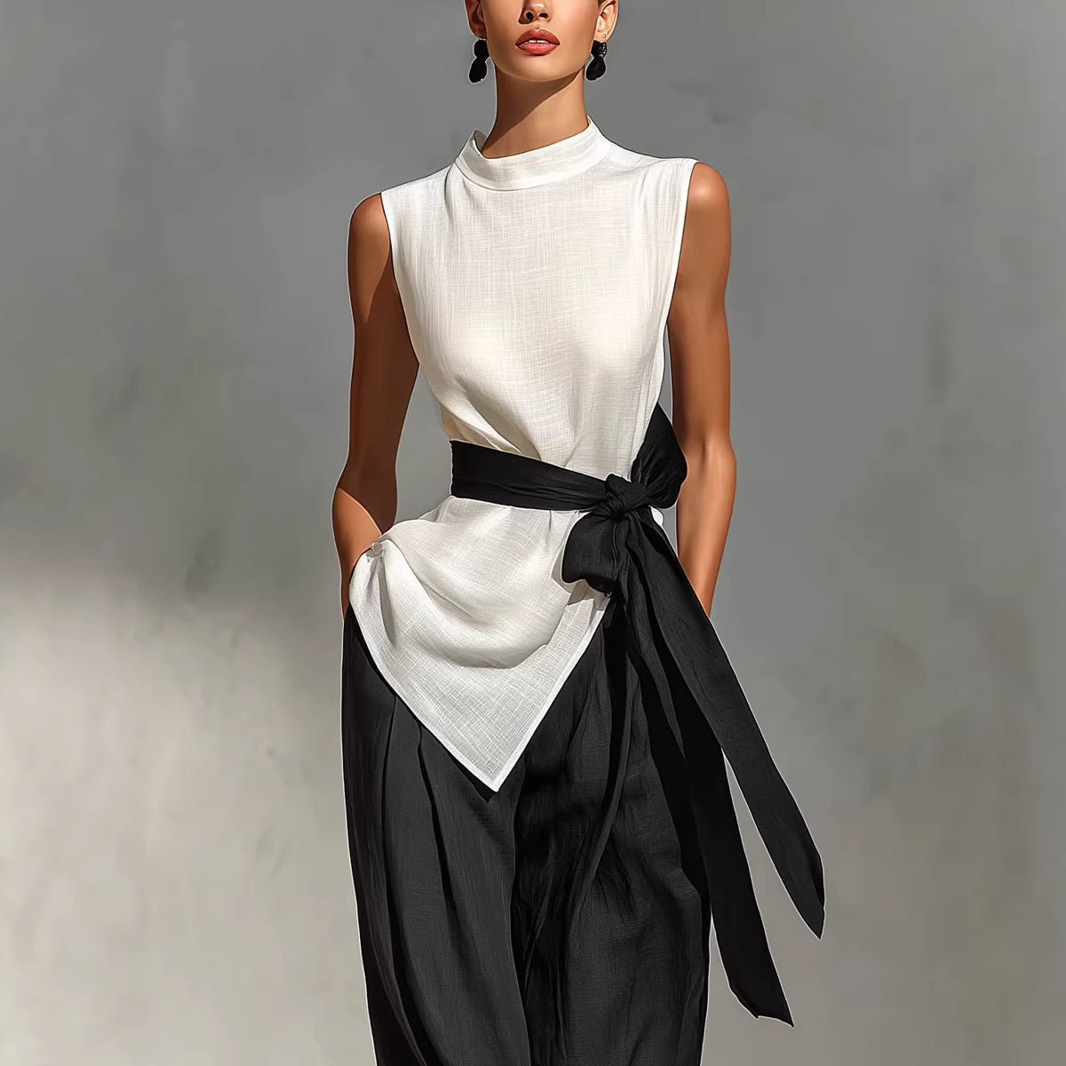 Women's Lace-Up Sleeveless Top & Wide-Leg Pants Two-Piece Set – White FitiqueFit
