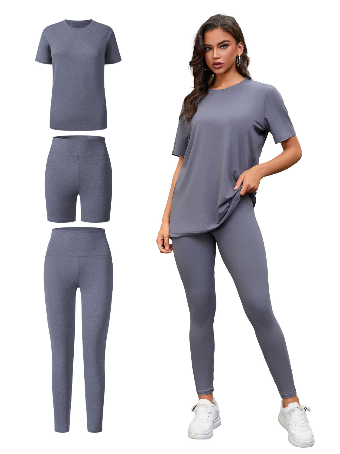 Three Piece Set, Round Neck Short Sleeved Top And Shorts And Pants Set, Sports And Casual Clothing See size chart under “more details” The Fashion Celestial