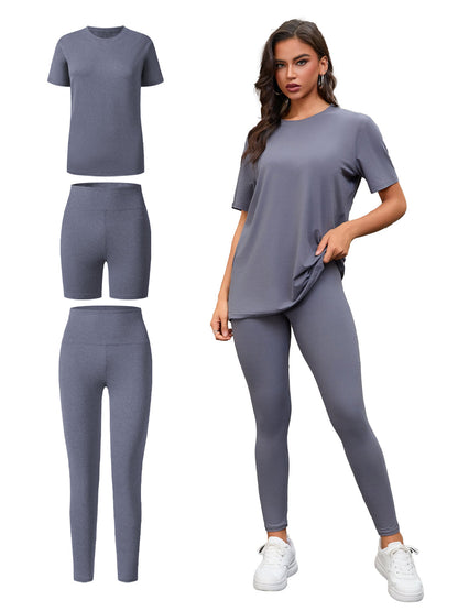 Three Piece Set, Round Neck Short Sleeved Top And Shorts And Pants Set, Sports And Casual Clothing See size chart under “more details” The Fashion Celestial