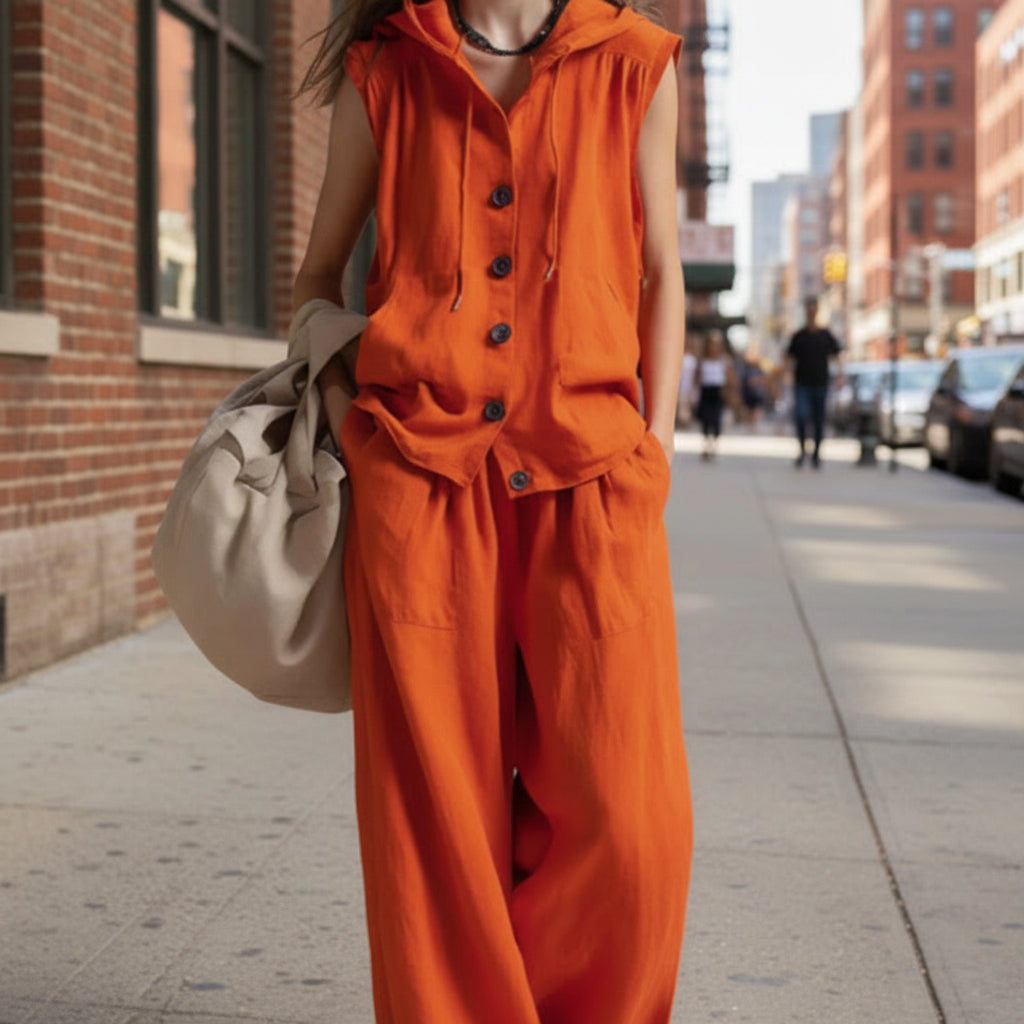 Sleeveless Hooded Top & Wide-Leg Pants Set | High-Waist Two-Piece FitiqueFit