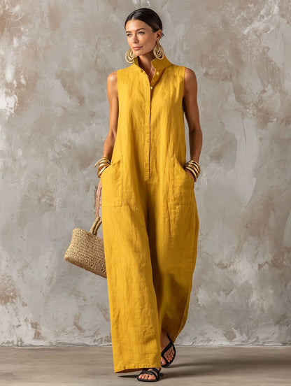 Linen Blend Sleeveless Stand-Collar Jumpsuit – 5 Colors S–3XL FitiqueFit