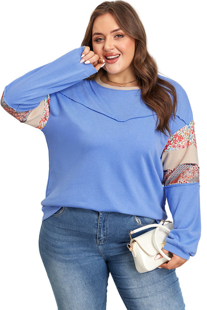 Khaki Exposed Seam Floral Mixed Patchwork Relaxed Plus Size Top Garden Naked Curves