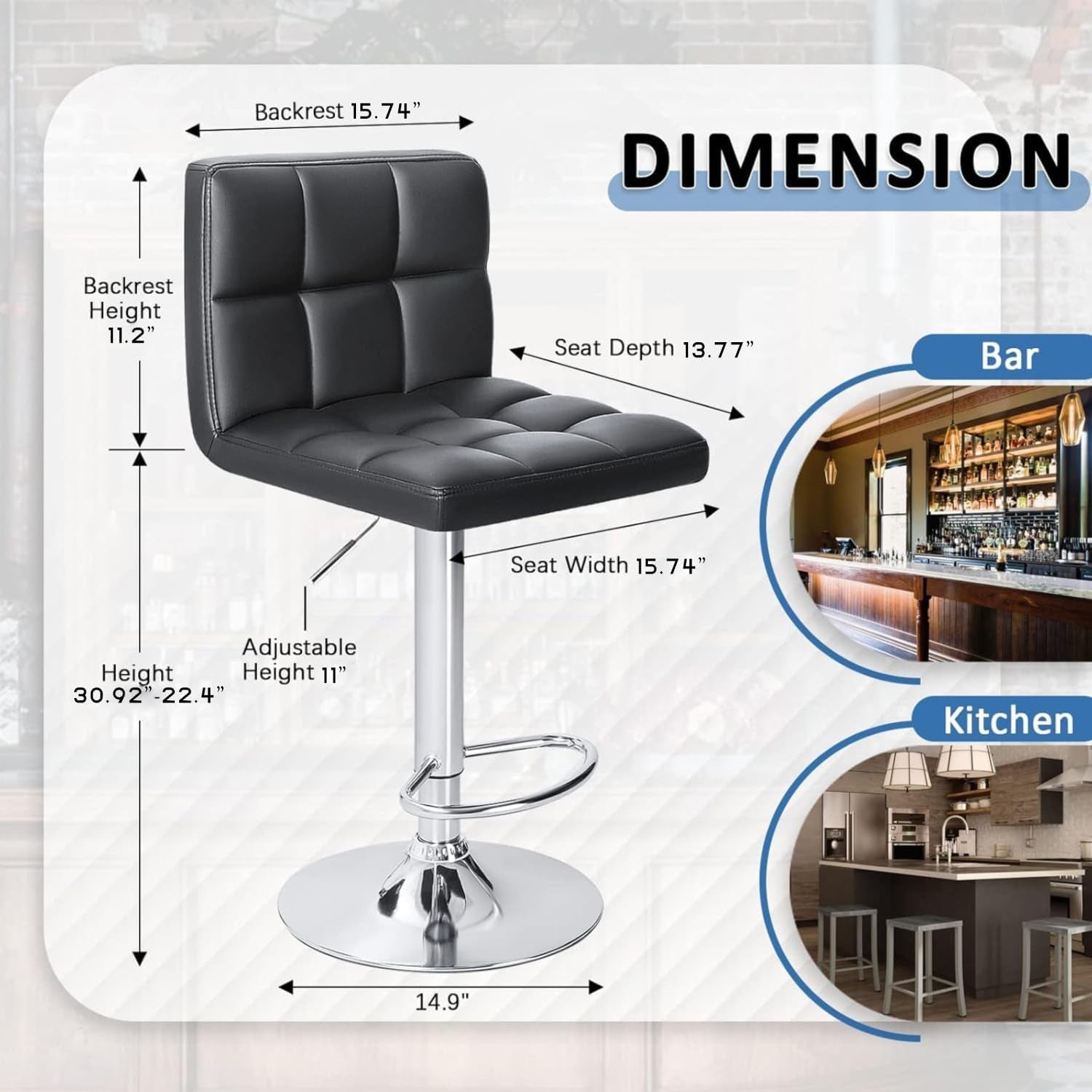 Modern PU Leather Adjustable Swivel Bar Stools, Armless Hydraulic Kitchen Counter Barstools, Extra Height Square Island Barstools with Back, Set of 2 (Black) New Era Fashion LLc