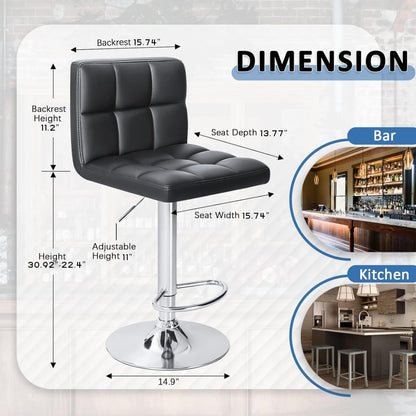 Modern PU Leather Adjustable Swivel Bar Stools, Armless Hydraulic Kitchen Counter Barstools, Extra Height Square Island Barstools with Back, Set of 2 (Black) New Era Fashion LLc