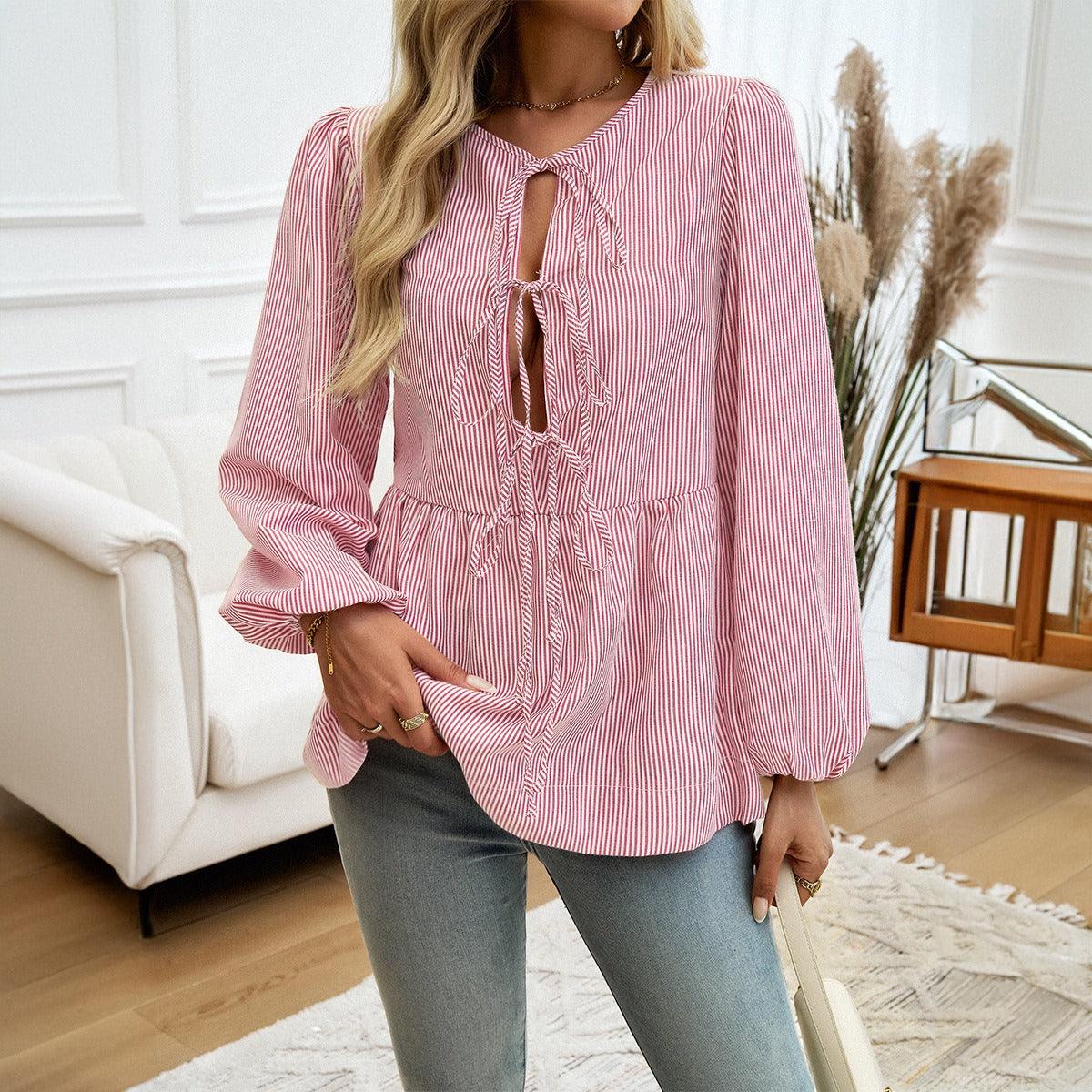 Boho Chic Striped Lace-Up Shirt - Trendy Loose Fit Casual Top for Women Country in My Heart