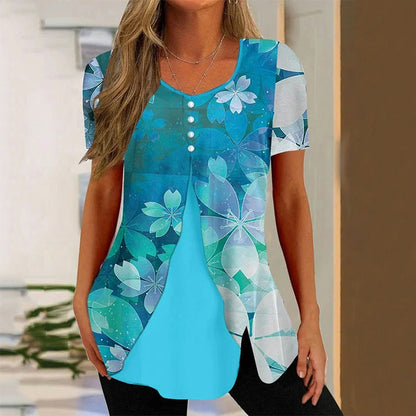 Women’s Printed Faux Two-Piece V-Neck Short Sleeve Top FitiqueFit