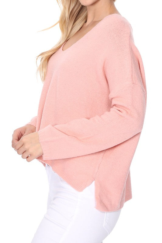 Wide V-Neck Oversized Sweater Top w. Side Slit Shop Style & More | Fresh Looks, Everyday Deals & Free Shipping
