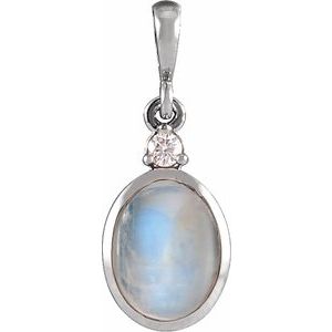 Sterling Silver 10x8 mm Natural Rainbow Moonstone & .03 CT Natural Diamond Cabochon Pendant Ethereal Legacy Boutiques