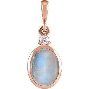 14K Rose 5x3 mm Natural Rainbow Moonstone & .02 CT Natural Diamond Cabochon Pendant Ethereal Legacy Boutiques