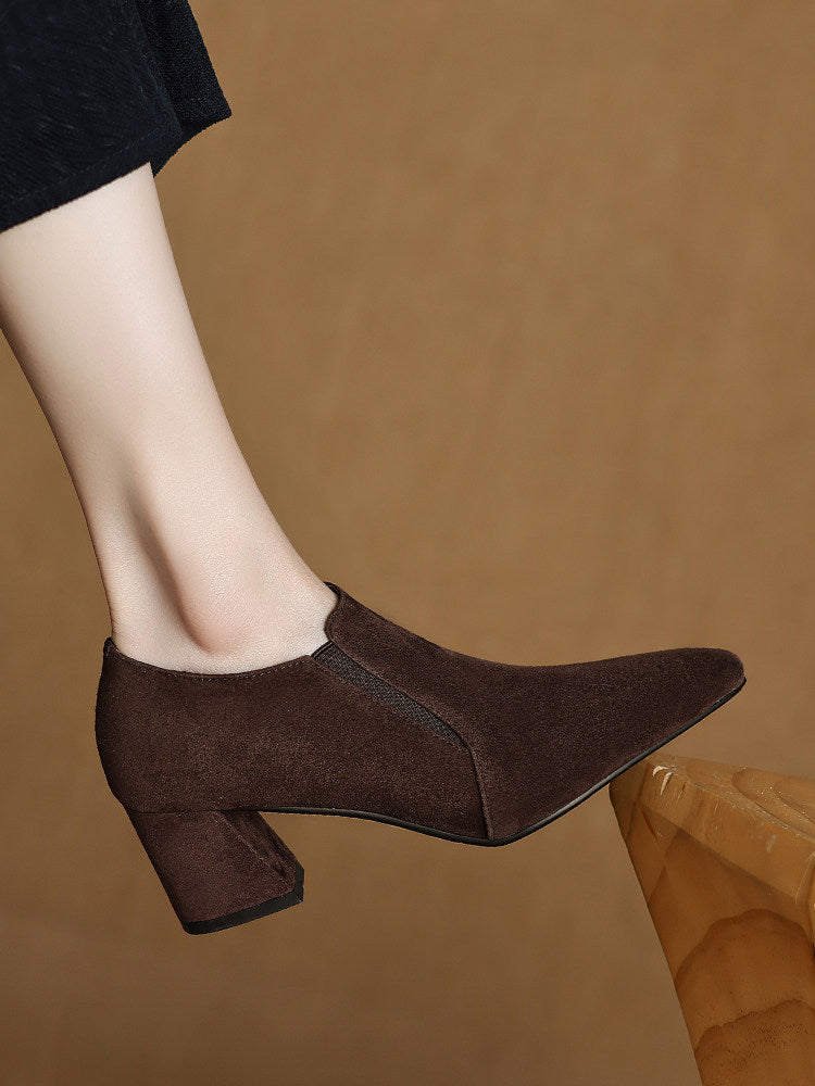 Women's Suede Pointed Toe Chunky Heel Pumps – Deep Vamp Low Heel FitiqueFit
