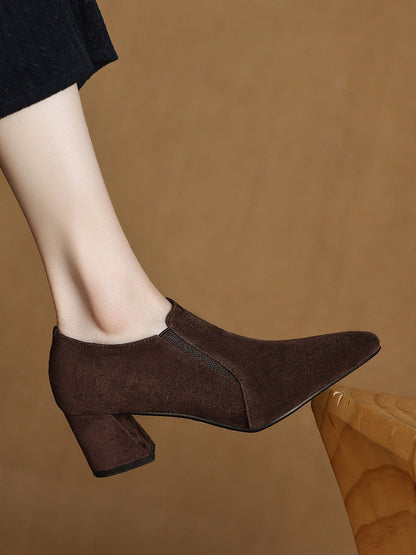 Women's Suede Pointed Toe Chunky Heel Pumps – Deep Vamp Low Heel FitiqueFit