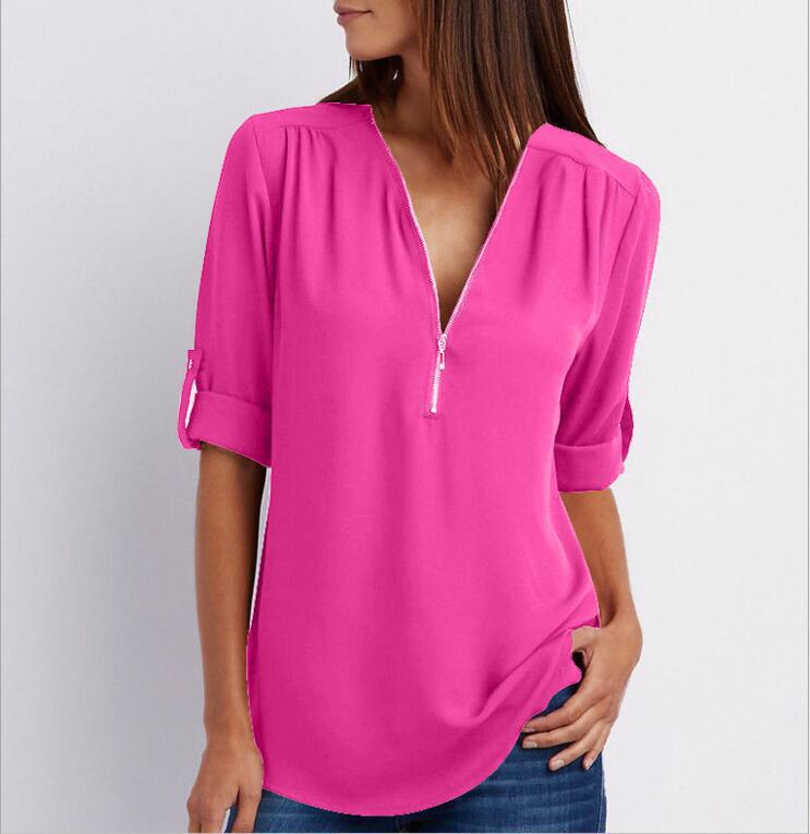 Women's Short-Sleeve Zip V-Neck Loose Top FitiqueFit