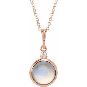 14K Rose 8 mm Natural Rainbow Moonstone & .03 CT Natural Diamond Cabochon 16-18" Necklace Ethereal Legacy Boutiques