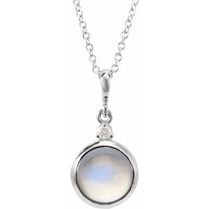 Sterling Silver 6 mm Natural Rainbow Moonstone & .03 CT Natural Diamond Cabochon 16-18" Necklace Ethereal Legacy Boutiques