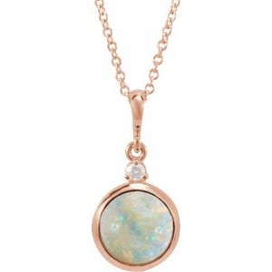 14K Rose 6 mm Natural White Opal & .03 CT Natural Diamond Cabochon 16-18" Necklace Ethereal Legacy Boutiques