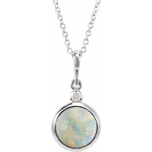 14K White 6 mm Natural White Opal & .03 CT Natural Diamond Cabochon 16-18" Necklace Ethereal Legacy Boutiques