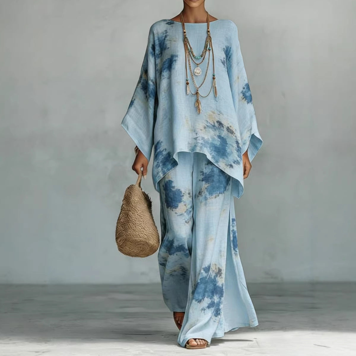 Floral Print Bamboo Linen Two-Piece Set | Wide-Leg Pants FitiqueFit