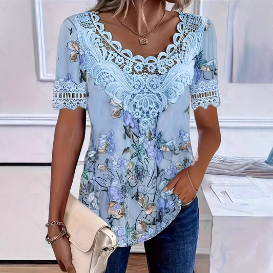 Women's Lace Patchwork Crew Neck Short Sleeve T-Shirt FitiqueFit