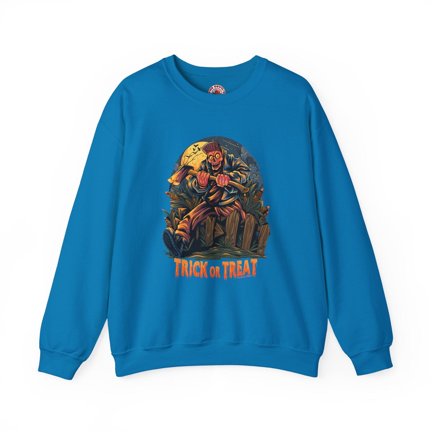 Axe Wielding Zombie Trick or Treat Crewneck Sweatshirt The Devil's Pickle