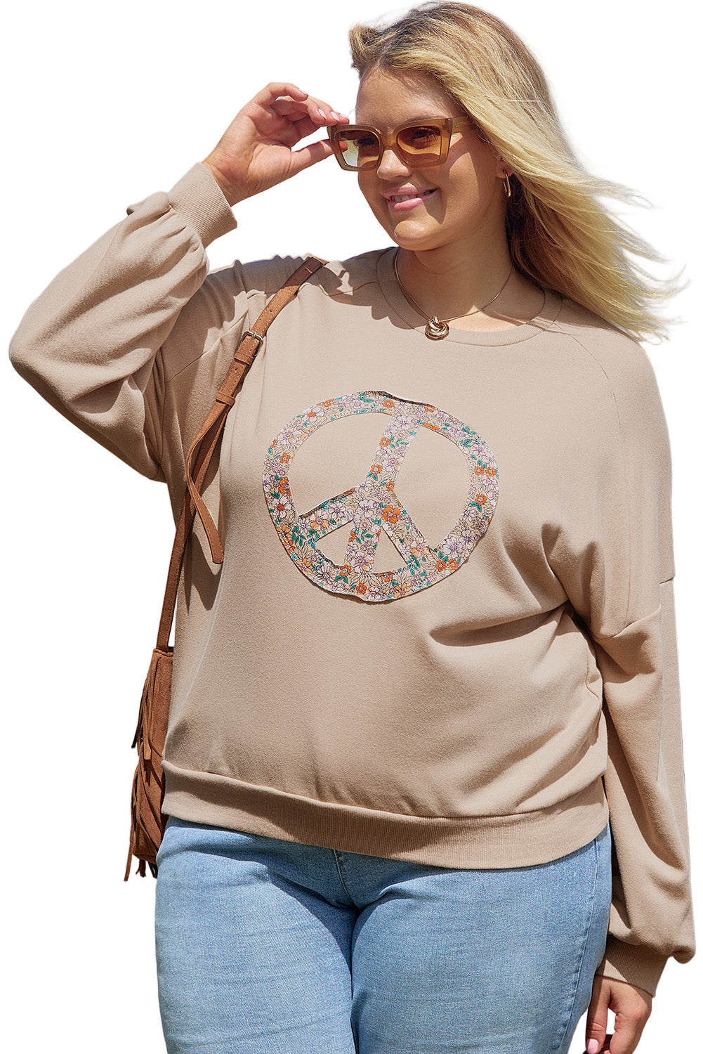 Pale Khaki Floral Peace Sign Graphic Washed Terry Plus Size Sweatshirt Garden Naked Curves