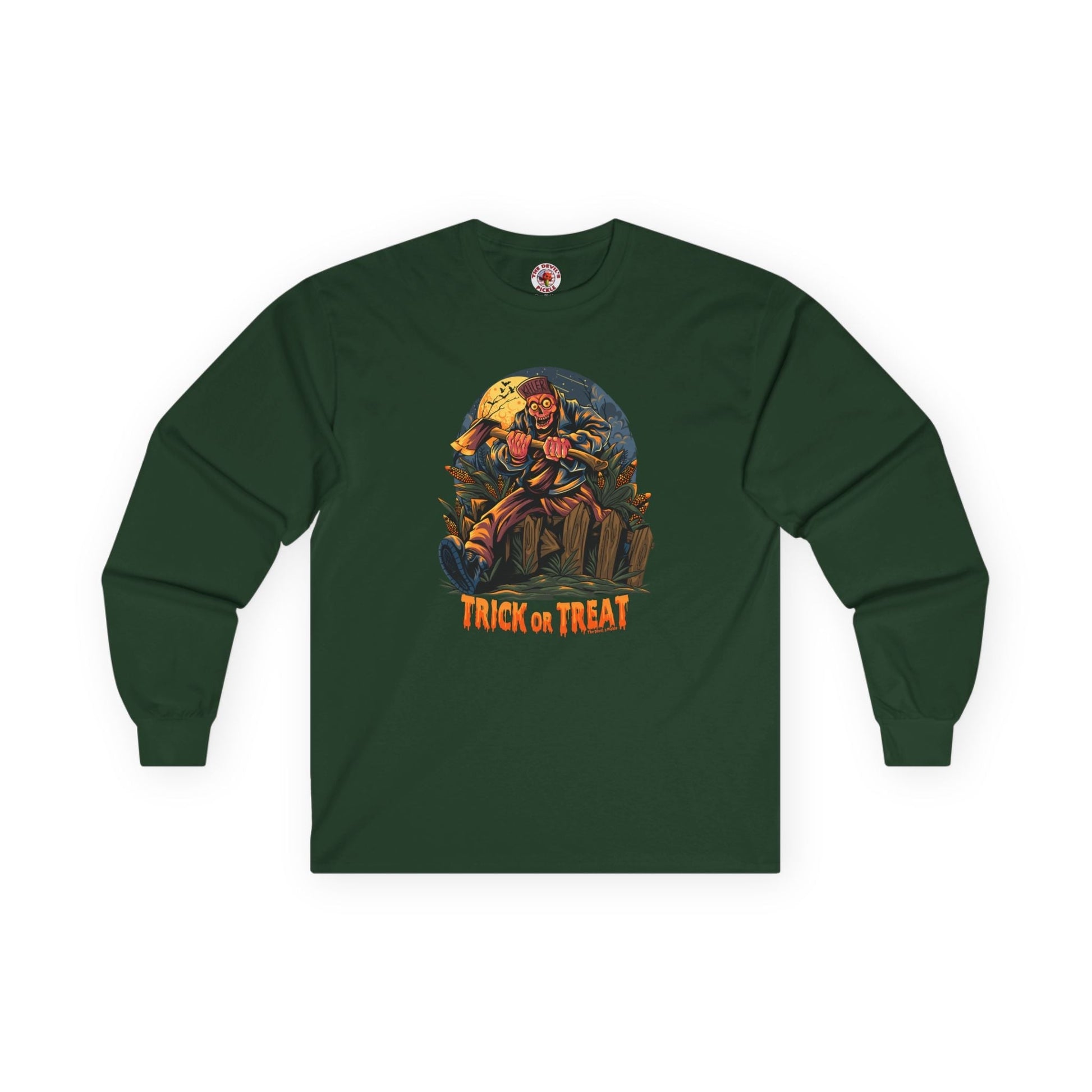 Axe Wielding Zombie Trick or Treat Long Sleeve Tee The Devil's Pickle