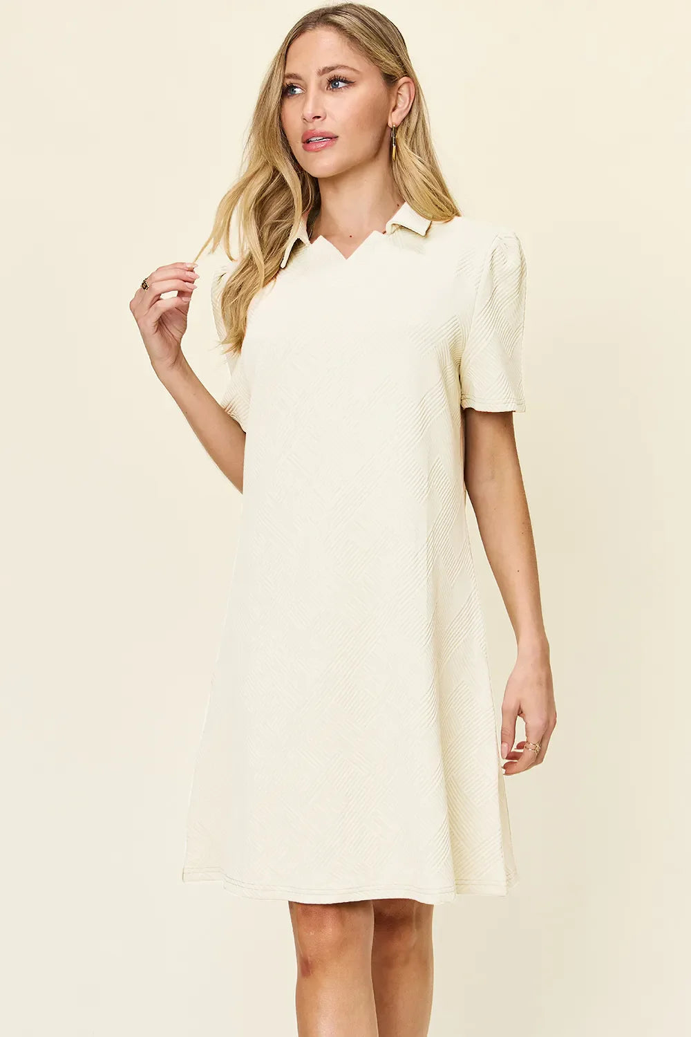 Double Take Full Size Texture Collared Neck Short Sleeve Dress West2East Surf