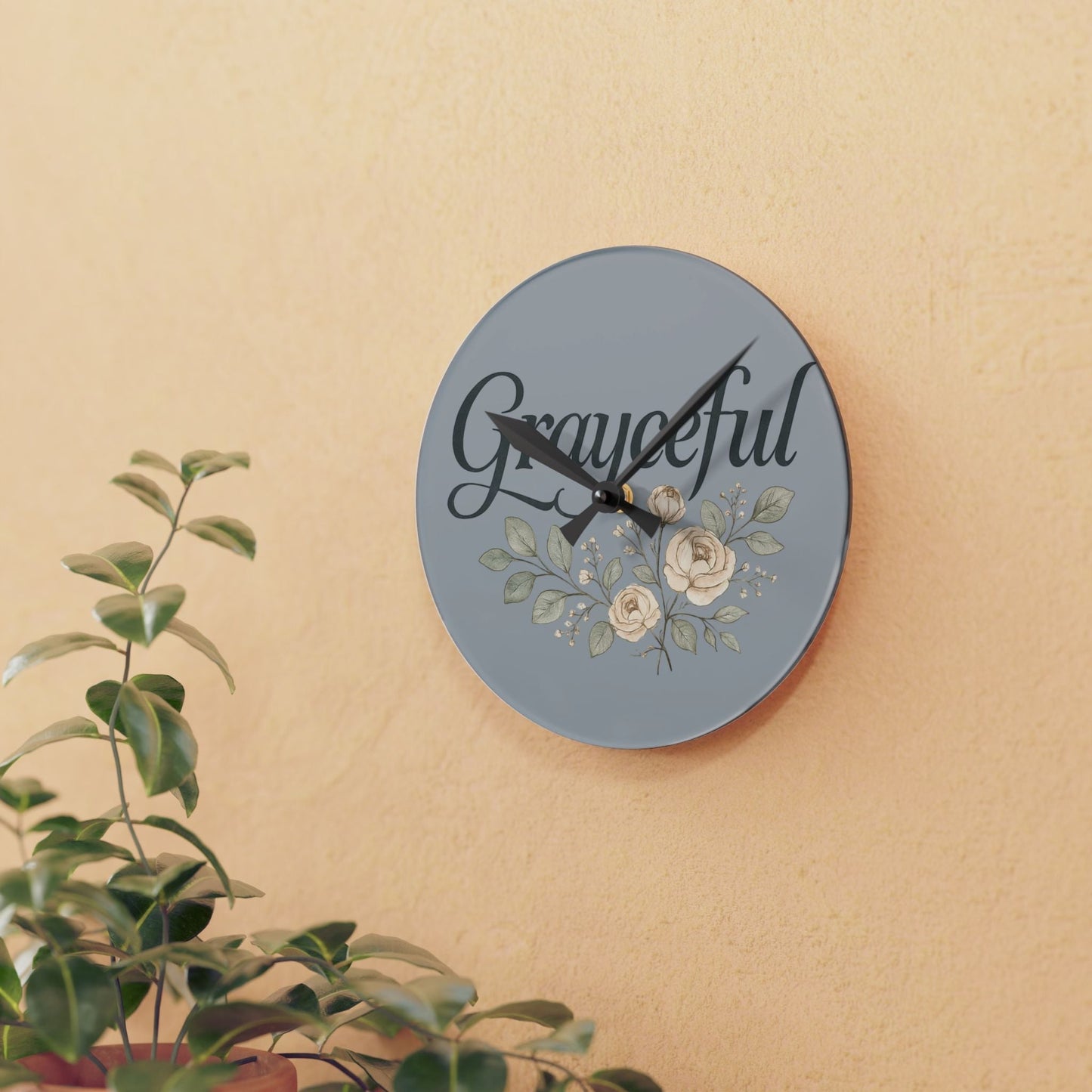 Gray Floral Acrylic Wall Clock, Grateful Home Decor, Modern Wall Art, Gift for Her, Office or Living Room Grayceful LLC