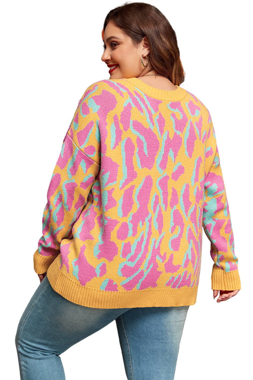 Bright Pink Plus Size Leopard Ribbed Trim Sweater Garden Naked Curves