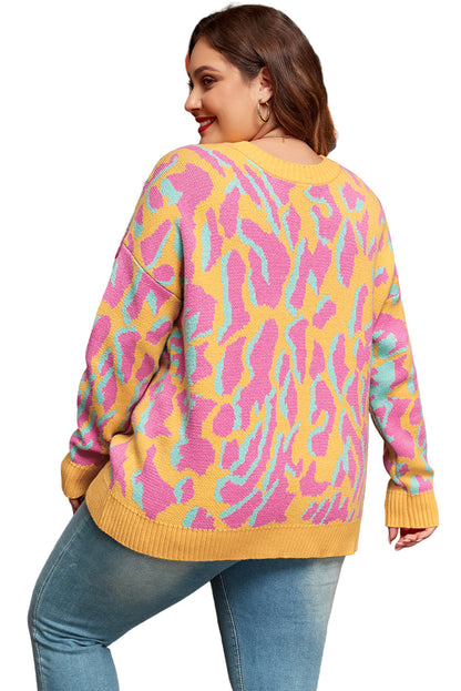 Bright Pink Plus Size Leopard Ribbed Trim Sweater Garden Naked Curves