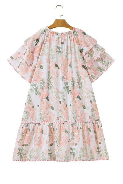 Pink Plus Size Floral Print Striped Detail Short Summer Dress Garden Naked Curves