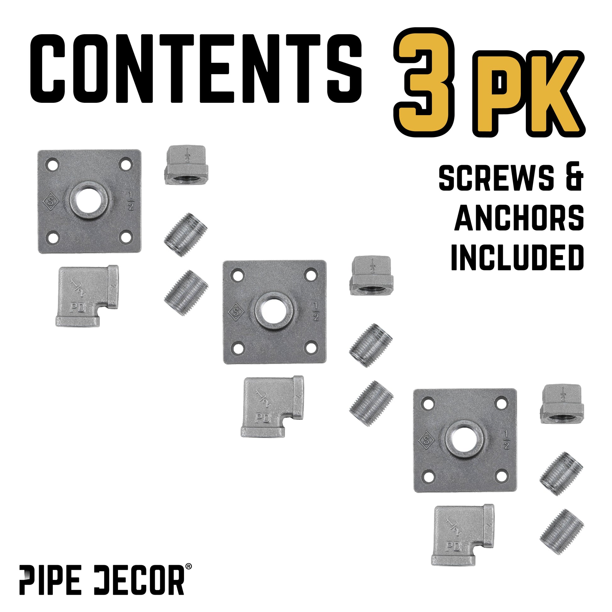 90 Degree Square Elbow Wall Hook Kit (3 Pack) PIPE DECOR
