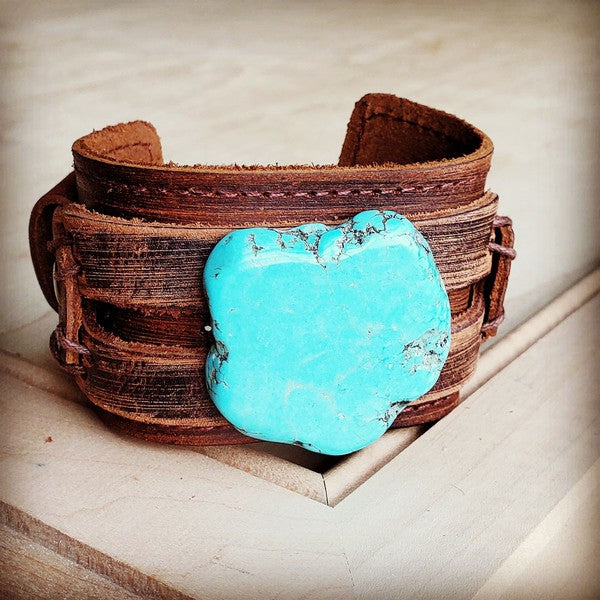 Blue Turquoise Slab on Dusty Leather Cuff Shop Style & More | Fresh Looks, Everyday Deals & Free Shipping
