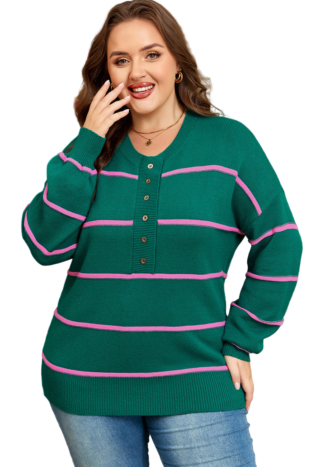 Green Stripe Half Buttons Drop Shoulder Plus Size Sweater Garden Naked Curves