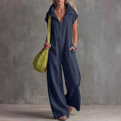Women's Loose Sleeveless Jumpsuit with Pockets – Linen-Look FitiqueFit