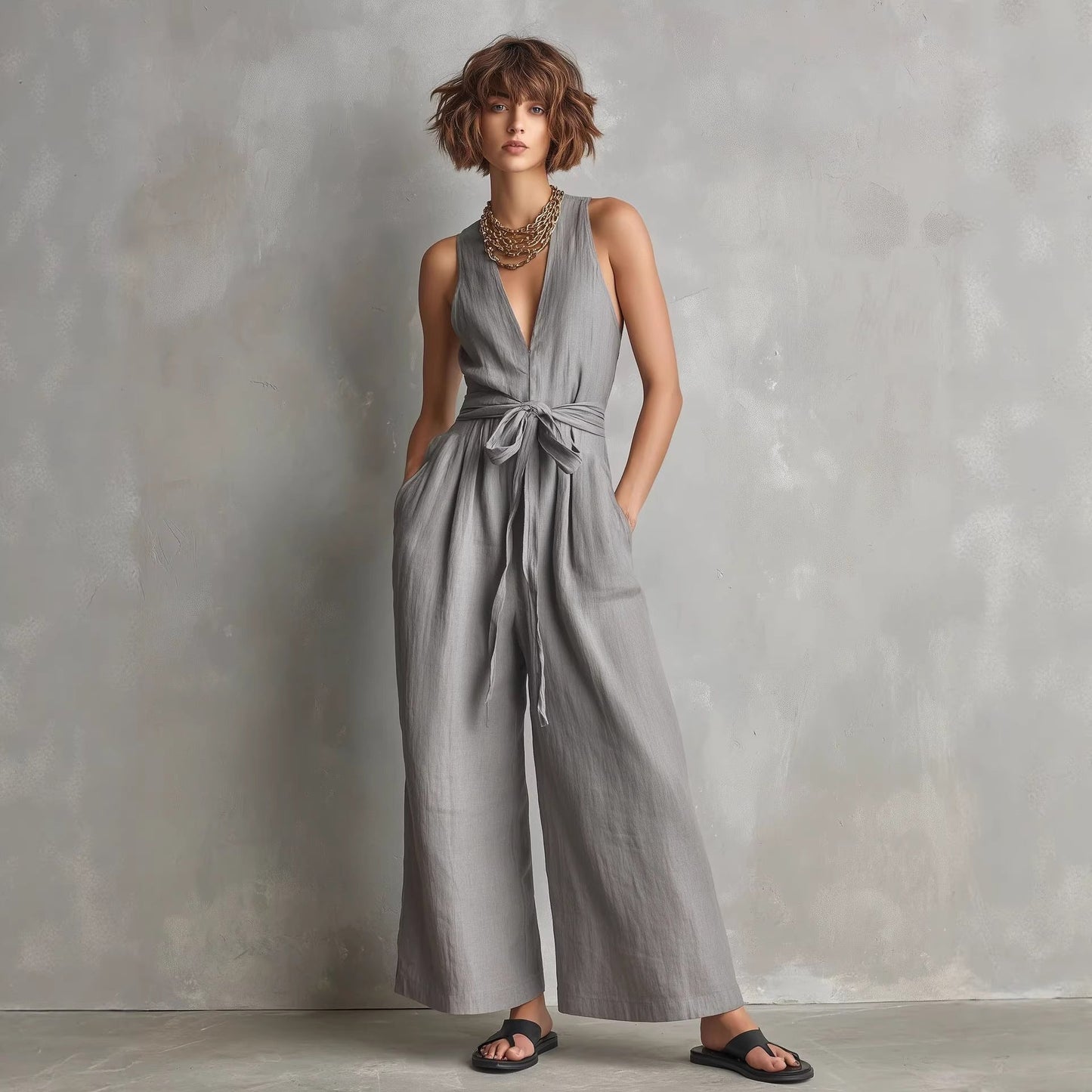 Women's Elegant V-Neck Sleeveless Commuter Jumpsuit FitiqueFit