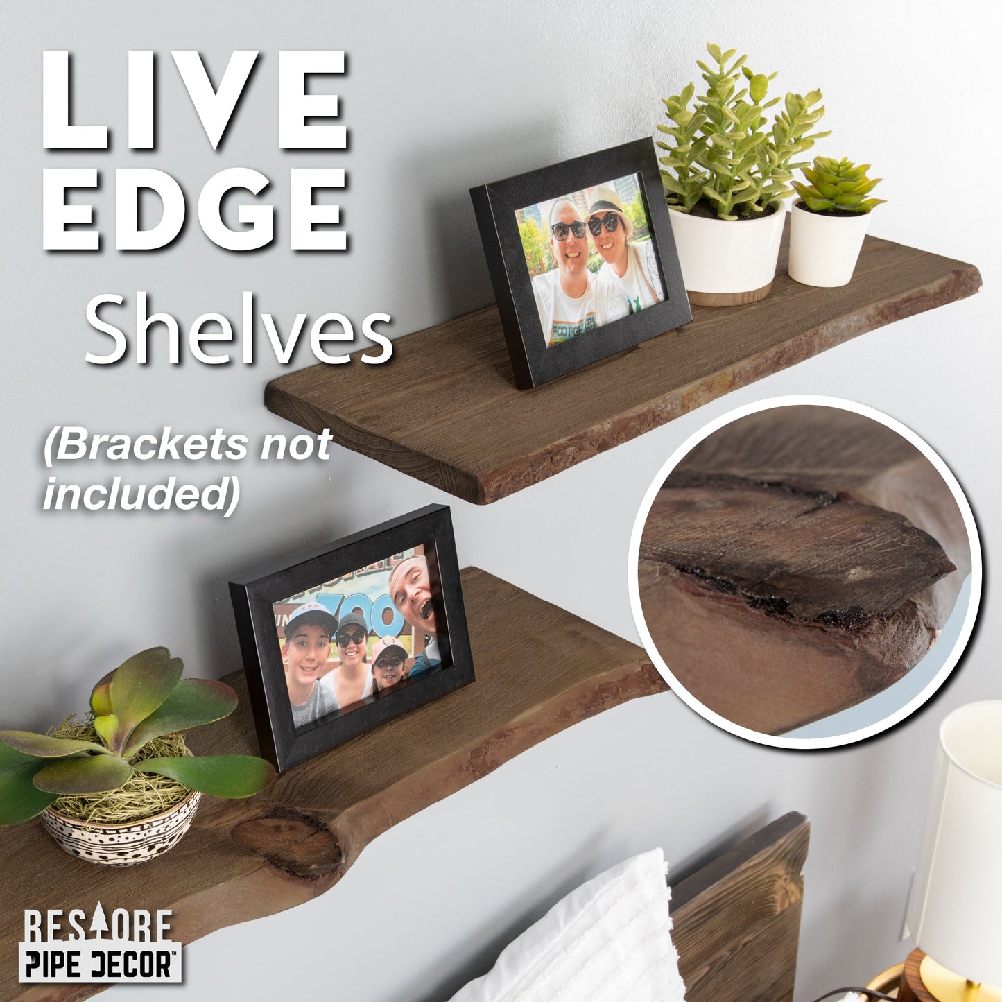 RESTORE Trail Brown 24 in. Live Edge Wood Shelf (Wood Only) PIPE DECOR