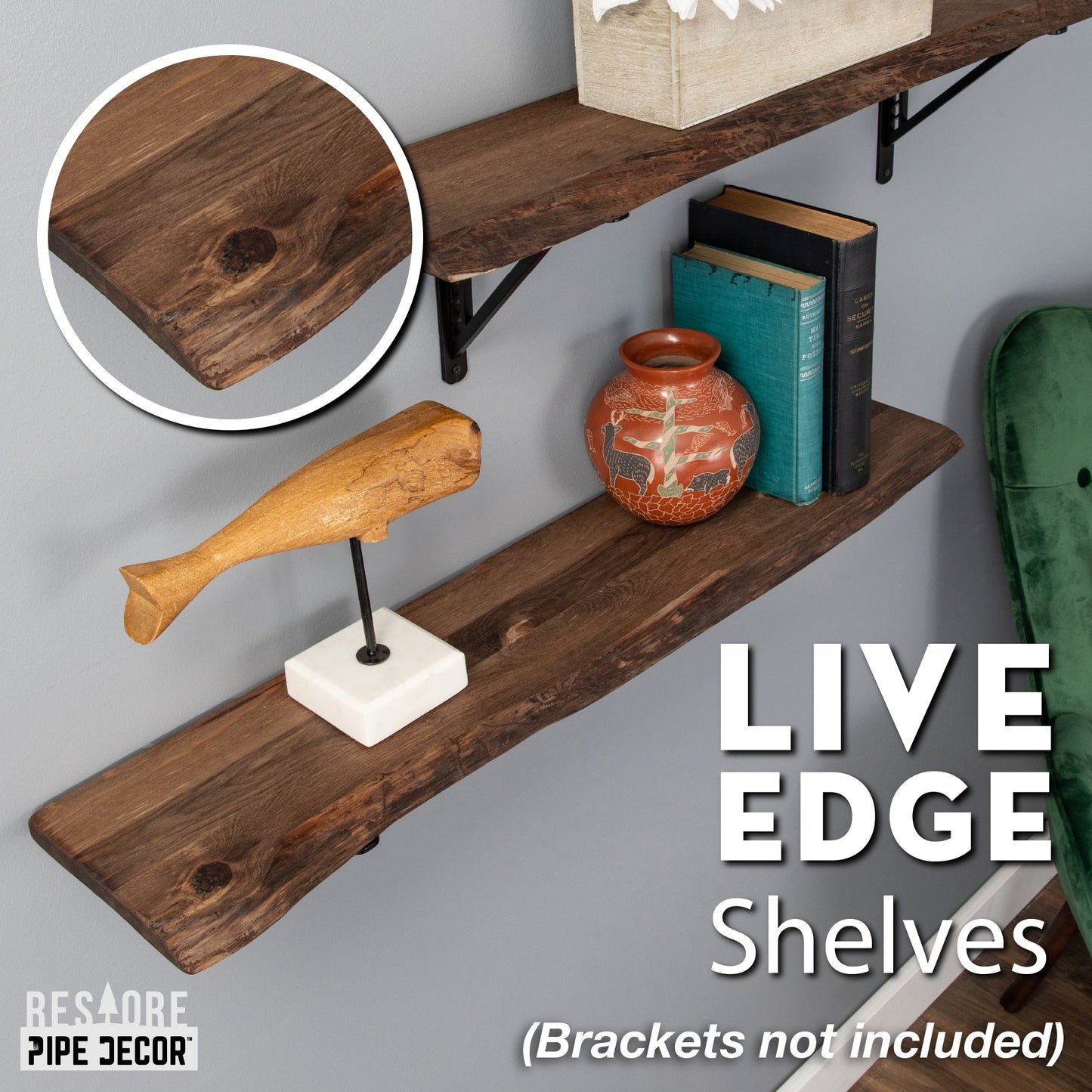 RESTORE Trail Brown 36 in. Live Edge Wood Shelf (Wood Only) PIPE DECOR