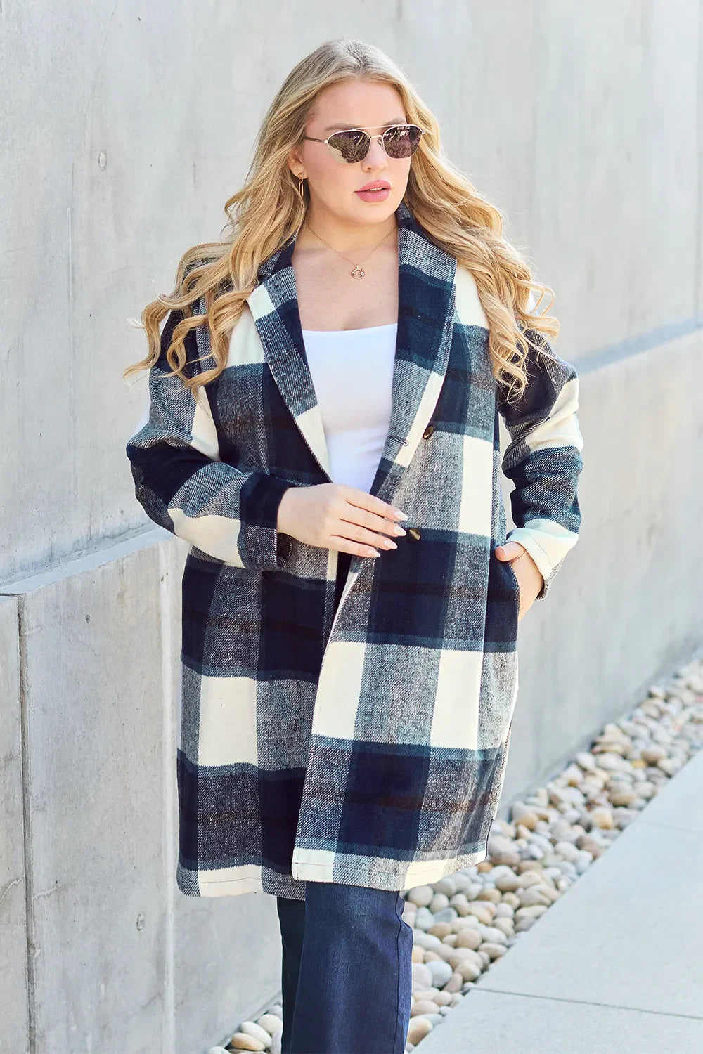 Double Take Full Size Plaid Button Up Lapel Collar Coat West2East Surf