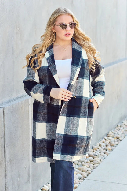 Double Take Full Size Plaid Button Up Lapel Collar Coat West2East Surf