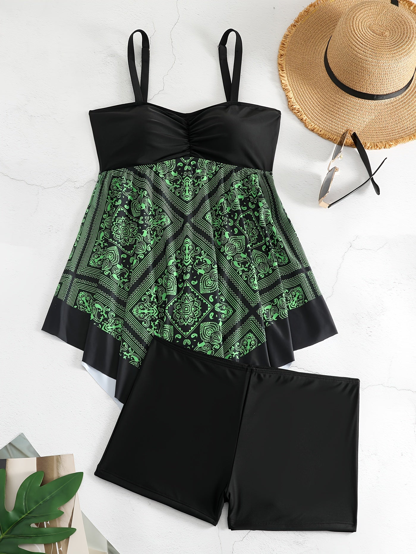 Plus Size Women's Printed Two-Piece Skirt Swimsuit, Sexy Printed Swimwear, Plus Size Style NovaCart