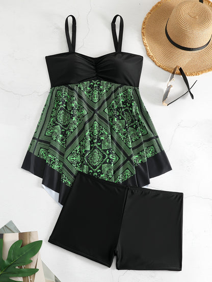 Plus Size Women's Printed Two-Piece Skirt Swimsuit, Sexy Printed Swimwear, Plus Size Style NovaCart