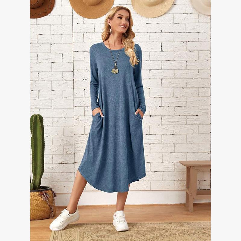 Women's Cotton Maxi Dress – Solid Color Long Sleeve A-Line with Pockets FitiqueFit